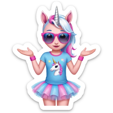 head and shoulders portrait of a friendly anthropomorphised female unicorn in tutu and pink t-shirt, wearing dark sunglasses, blue and silver color scheme sticker