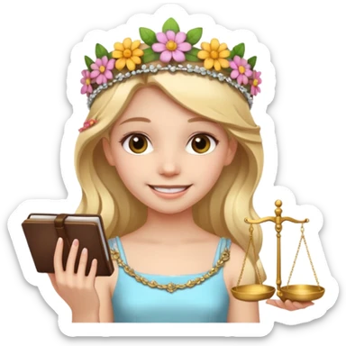 smiling girl with a flower tiara holding legal scales sticker