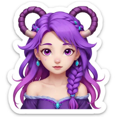 1 girl, long flowing purple hair with braided strands, vibrant and soft color palette, inspired by spirit blossom theme, long hair, loose wave straight haircut, sheep horns, pink eyes, young, skinny, japanese themed,  blossom, league of legends character, shy expression, blush, (off shoulder) sticker