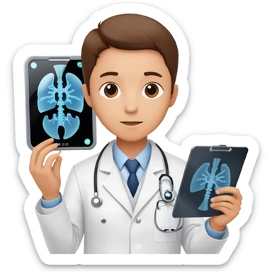 A medical professional in a white lab coat examining an X-ray film, wearing a radiation badge sticker