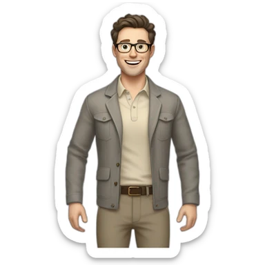 Joyful Full height Pale skinned Fit Man With dark brown hair in gray jacket, beige office shirt, Brown pants and vintage glasses. His thrumbs up sticker