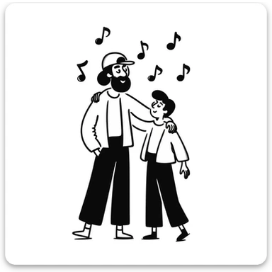 A taller 35-year-old musician with beard and backwards cap with his arm around the shoulder of his shorter, younger 25-year-old musician brother. Both facing forward, smiling. Obvious height difference between them. Music notes floating around and band members celebrating in background. sticker