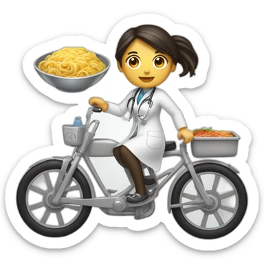 long and dark hair female doctor with a ramen bowl in her hand and riding a chrome bicycle sticker
