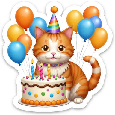 Ginger cat celebrates birthday, birthday hat, birthday cake, balloons, happy, gifts sticker
