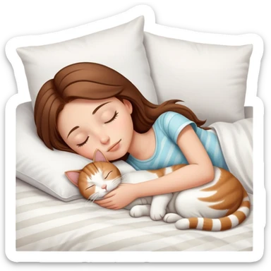 side view brown haired teenage girl sleeping with white cat that has beige stripes on a white pillow with white sheets sticker