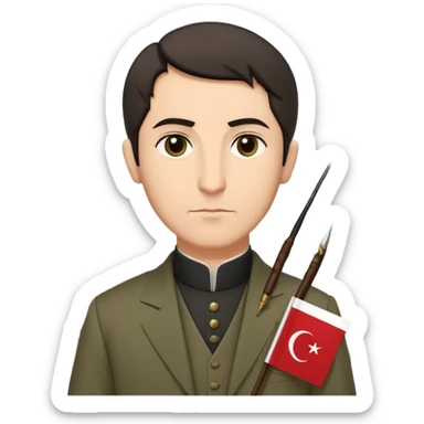 "A dignified historical poet with short dark hair but white strands at the nape of his neck, no mustache, wearing an Ottoman-era suit, holding a quill and paper, with the Turkish flag in the background, a mosque silhouette behind him, and a determined expression on his face. No hat." sticker