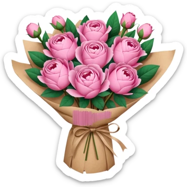 Bouquet of pink flower like rose and peony wrapped in kraft paper sticker