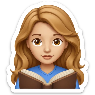 vector style emoji of a woman with long light brown wavy hair, light brown eyes, holding and reading an open book sticker