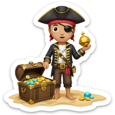 A 3D cartoon pirate with one eye covered by a black eye patch, holding a treasure chest of gold, wearing a hat, standing on sand, Memoji-style. sticker