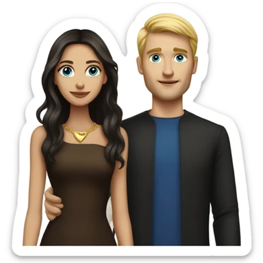 Beautiful skinny woman long dark brown hair in dark dress with gold earrings and blond man with blue eyes with book sticker