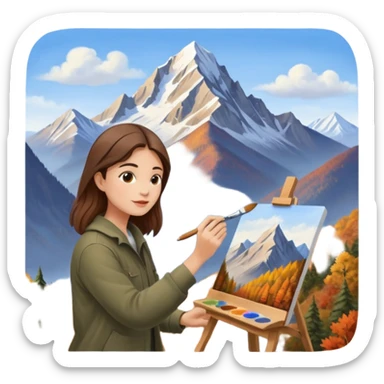 Artist painting a beautiful autumn mountain peak destination on canvas sticker