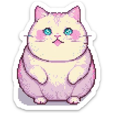 cute pixel art of a plump cat sitting, sparkling eyes, pink cheeks, cheerful expression sticker
