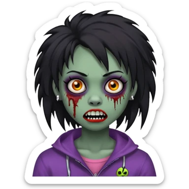 girl, zombie, black coily hair, medium long, emo, shaggy, dark, spooky, piercing on eyebrow, colourful teeth, creepy blank expression sticker