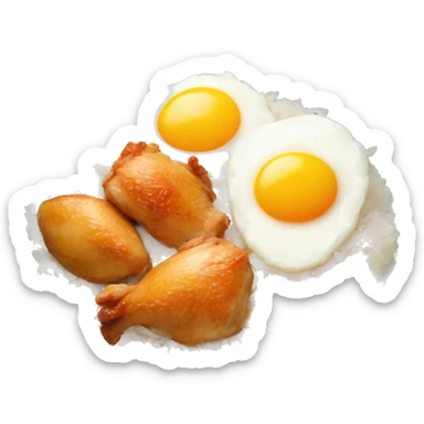 a bowl of rice with two eggs and chicken thigh sticker
