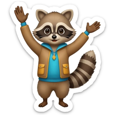 a full body raccoon celebrating hands up wearing fun outfit sticker