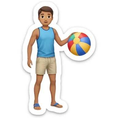 A man in Bermuda shorts as a full-body swimsuit and a beach ball sticker