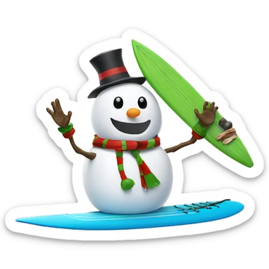 Snowman on a surfboard with an elf sticker