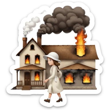 handmaids tale style woman burning house down walking away from house. shes wearing the nun hands maid tale hat cant see her face with brown hair  sticker