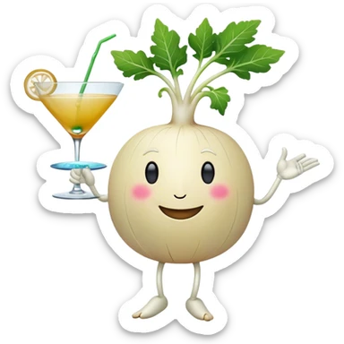 white turnip with smiling face and leafy stalk dancing and drinking a cocktail sticker