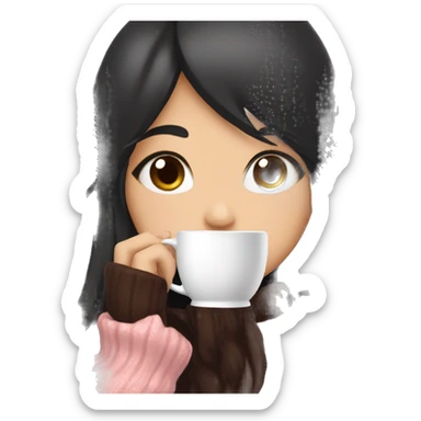 Anime girl with long black hair and brown eyes wearing a pink sweater drinking a cup of hot chocolate  sticker
