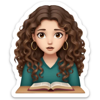 cute girl long brunette balayage curly/wavy not voluminous hair, brown eyes, hoop earrings, natural pretty clean makeup: shocked surrounded by lots and lots of books she needs to study  sticker
