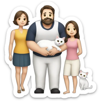 Family photo a fat husband with a beard is holding a white cat and wife with straight hair is holding another black cat sticker