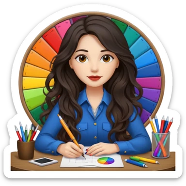 female dark wavy long hair graphic designer , color wheel, pens, papers , desktop sticker