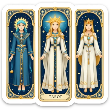 Tarot style wardrobe card showing elegant clothing items with celestial symbols, mystical style definition sticker