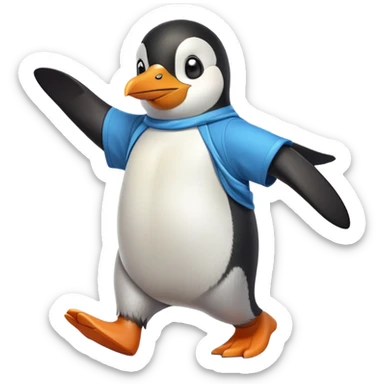 friendly anthropomorphised penguin in a shirt and t-shirt walking quickly, energetic pose sticker