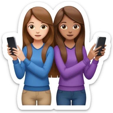 two brown haired girls, looking professional maybe leaned on each others back and looking forward and using phones, with long hair and with some cute clothes without ties, one girl can hold lap top another one can hold the phone sticker