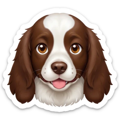 Cinematic Cute Springer Spaniel Portrait Emoji, Head tilted playfully and inquisitively, featuring a vibrant Fur of liver and white with a natural sheen, round, sparkling brown eyes filled with curiosity, Simplified yet irresistibly adorable features, highly detailed, glowing with a warm, friendly glow, high shine, affectionate and lively, stylized with a touch of whimsy, bright and endearing, soft glowing outline, capturing the essence of a mischievous yet loving pup, so playful it feels like it could frolic out of the screen and into your arms! sticker