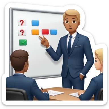 Create a realistic emoji of a person making some decisions in front of a grounp while standing in a office. the team is sitting while the leader stands next to a white board sticker