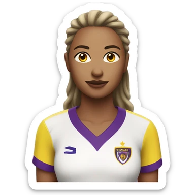 a woman soccer player in white jersey with purple pinstripes and yellow collar sticker