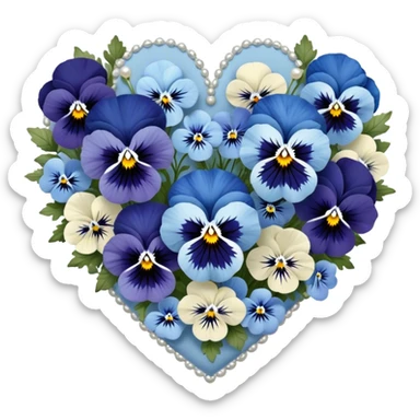 A heart-shaped floral arrangement of deep blue and pastel blue pansies, intricately designed with navy and baby blue accents, resting on a pearl satin fabric and adorned with tiny silver embellishments.
 sticker
