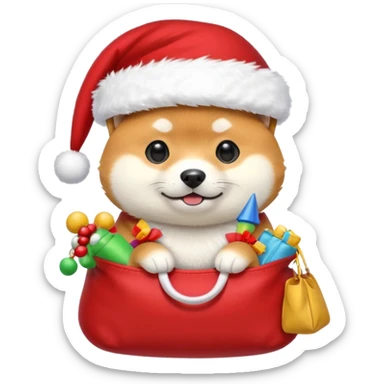 shiba inu wearing santa hat holding a bag of toys snowing sticker