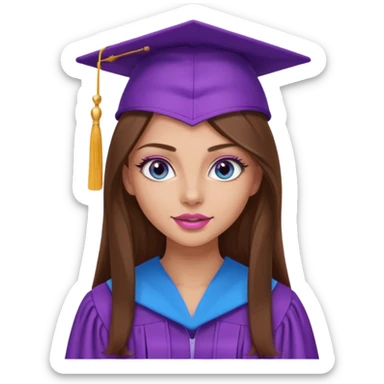pretty girl with beautiful extremely long brown hair, blue eyes, long lashes makeup, sexy pink lips, wearing a purple graduation cap and gown sticker