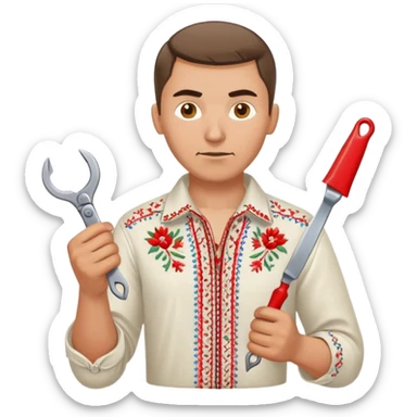Ukrainian man with traditional embroidered shirt (vyshyvanka) holding a metal spanner wrench and red scissors sticker