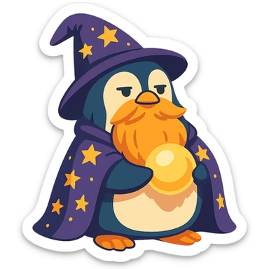chubby penguin wizard with a long beard, starry cloak, glowing orb, looking wise and mystical, vibrant toon style, cartoonish, colorful, playful sticker