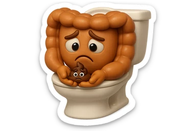 emoji stile iphone di un intestino realistico 3d che esce dal wc con in mano una montagnetta di feci con espressione triste a palline, iperrealistico 4k sticker