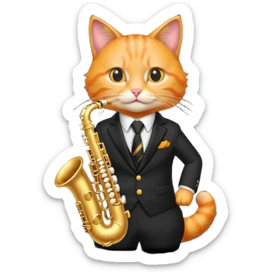 orange cat play gold saxophone, wear black suit sticker
