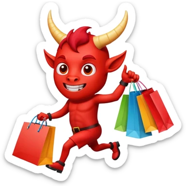 Red devil with horns carrying colorful shopping bags sticker