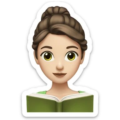 Girl with brown hair in a low bun, wispy bangs, green eyes, pale skin, reading a brown book sticker