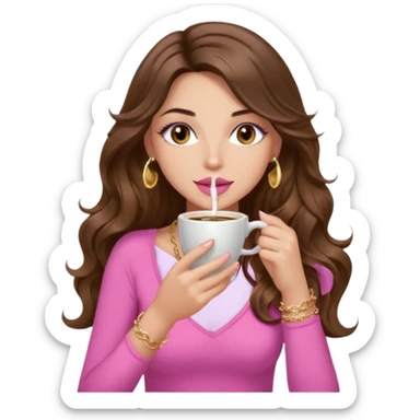 girl with long wavy brown hair, brown eyes, light to medium complexion, in a pink sexy top, pink lips, long lashes, sipping coffee sticker