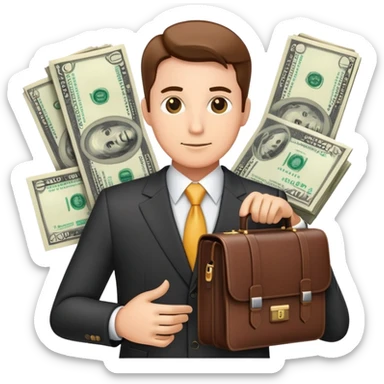 financial expert with business suit, briefcase, charts and money symbols sticker