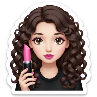 A girl with long dark brown hair styled in loose 36mm curls, beautiful round-almond eyes with long curled lashes in Douyin style. Her makeup is cool-tone neutral. She’s holding a pink lipstick similar to Rhode’s shade in one hand. sticker