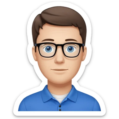 Scott The WozYoung white man, late 20s, short brown hair, blue eyes, clean-shaven, thin black rectangular glasses, slim build, wearing a blue polo shirt, friendly and energetic look. sticker