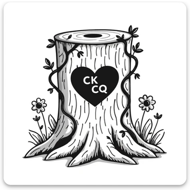 Replace the words 'Chaos King' and 'Chaos Queen' with the initials 'CK' and 'CQ' carved inside the heart on the cartoonish tree stump, with vines and wildflowers growing around it, hand-drawn doodle style. sticker