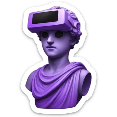 an EMOJI OF A ancient young greek statue, wearing VR headset, purple colors, DIGITAL UNIVERSE sticker