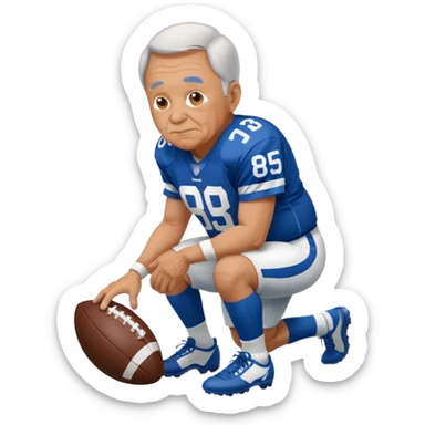 A grandpa playing football wearing an Indianapolis Colts jersey is. Show him kind of crouch down to the ground, holding the football and the name rivers on the back of his jersey. sticker
