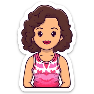 Artistic woman with fair skin, elongated face, abundant dark brown curly hair, large expressive almond brown eyes, full lips with soft red lipstick, wearing pink tie-dye tank top, maternal welcoming smile sticker